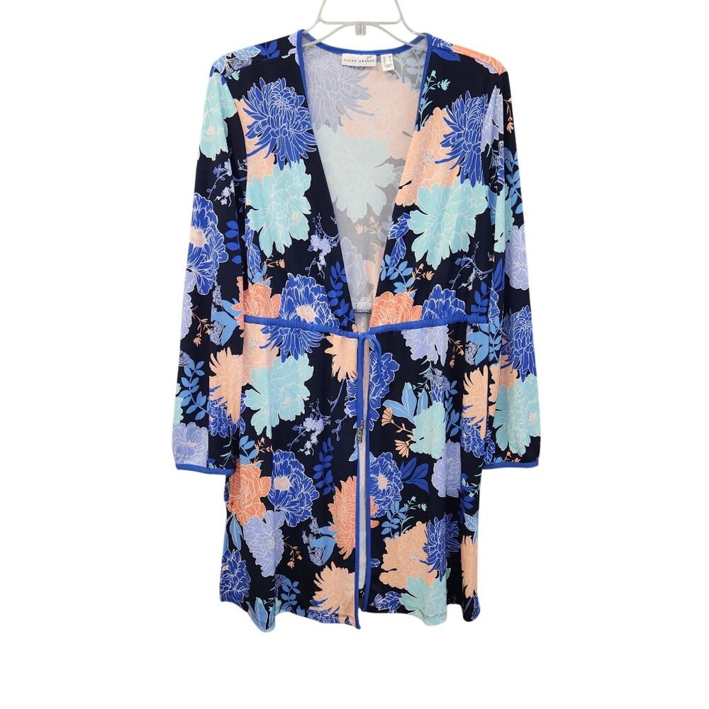 Susan Graver Womens Floral Open Front Cardigan M Multicolor Lightweight Stretch